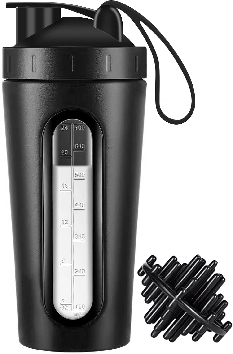 Protein Shaker Bottle, 28oz Shaker Bottles for Protein Mixes and Pre Workout, Visible Window, Stainless Steel Shaker Bottle Leak Proof (black)