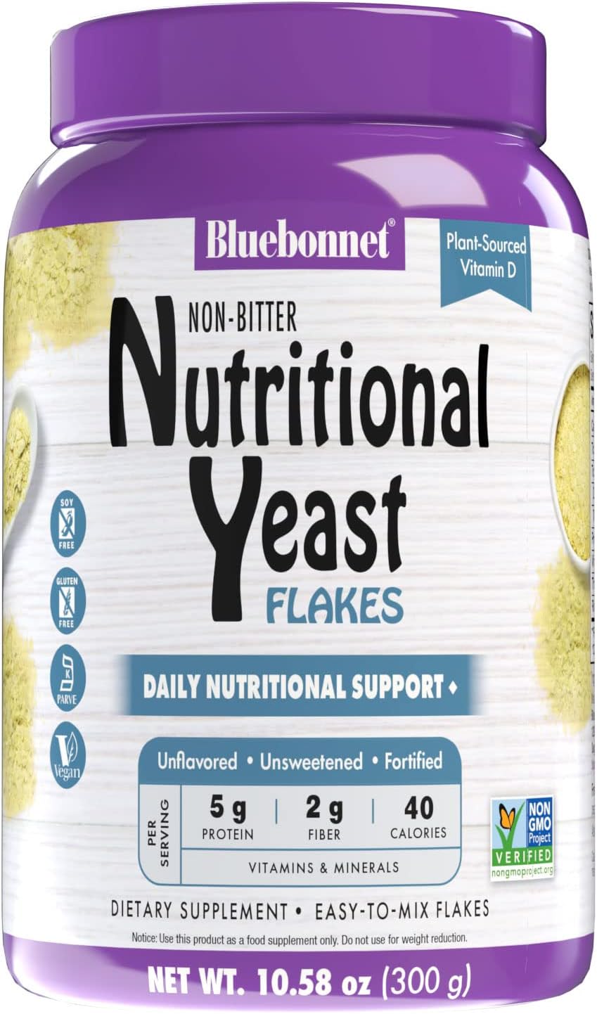 BlueBonnet Nutrition Non-Bitter Nutritional Yeast Flakes - Plant-Sourced Protein, B Vitamins & Vitamin D - Non-GMO, Vegan, Kosher, Gluten-Free, Soy-Free - 10.58 oz, 30 Servings