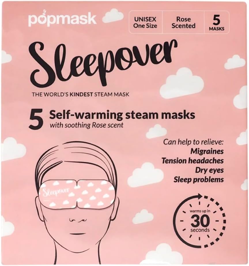 POPBAND Popmask Sleepover Self-Heating Rose Scented Eye Mask, Natural Steam Heat Relief for Migraines, Headaches, Allergies, and Dry Eyes, 5 Individually Packaged Eye Masks