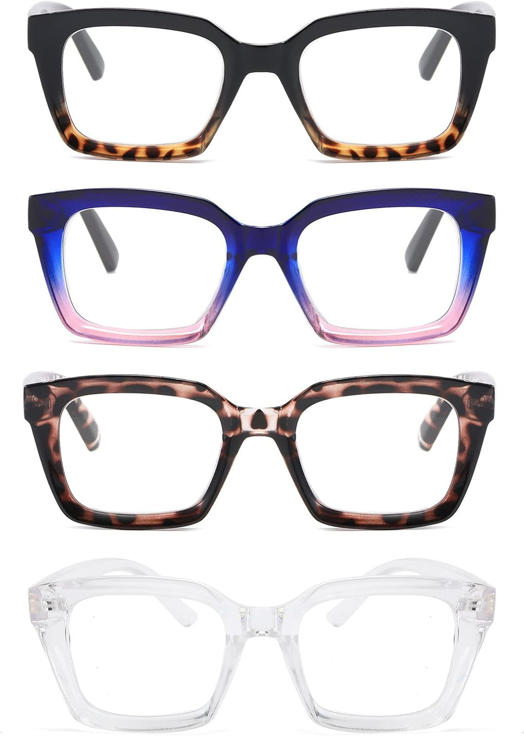 MMOWW Reading Glasses Women Oversized Reading Glasses Retro Oprah Style Blue Light Blocking Square Reader 4 Pack +2.0
