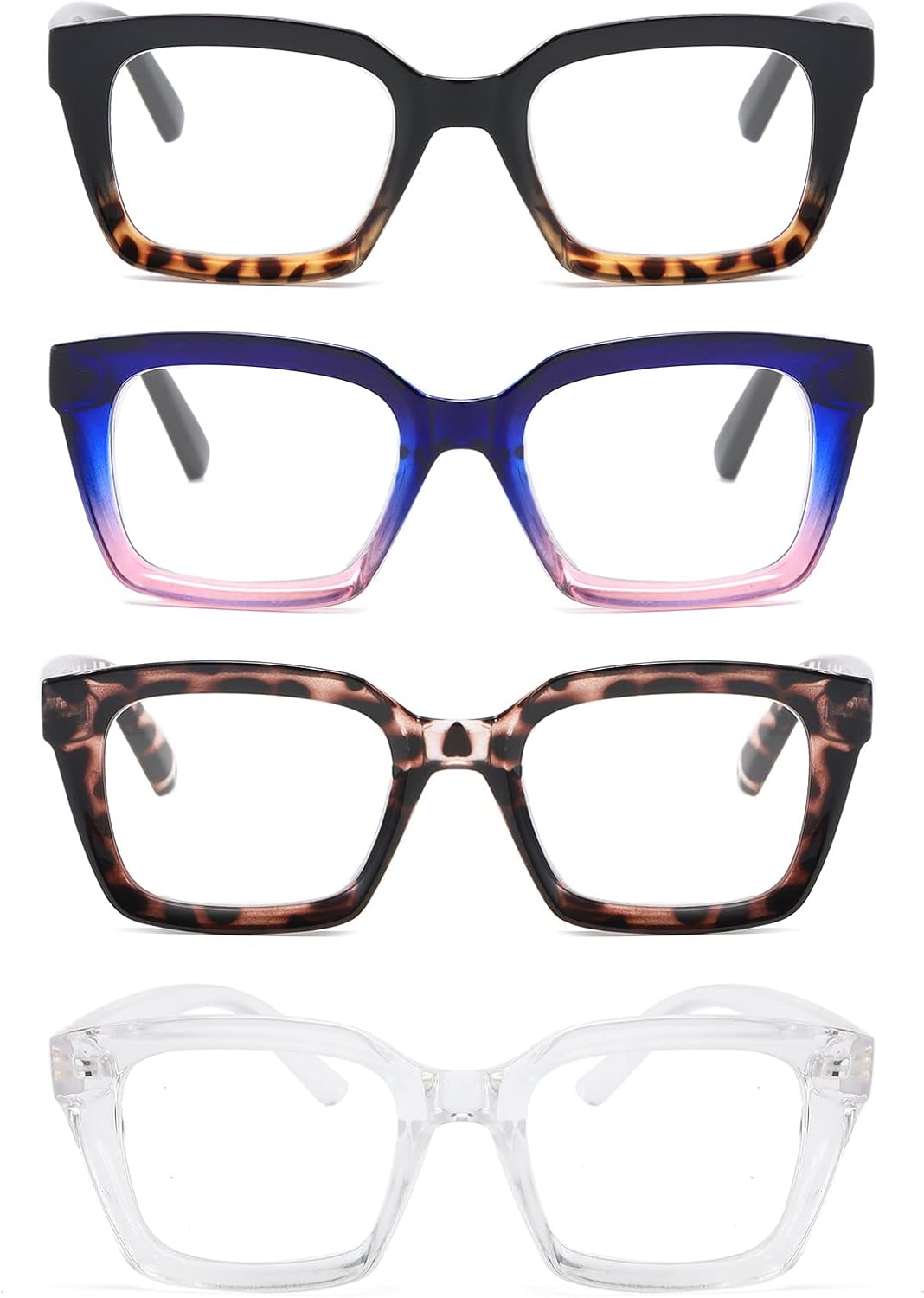 MMOWW Reading Glasses Women Oversized Reading Glasses Retro Oprah Style Blue Light Blocking Square Reader 4 Pack +2.0