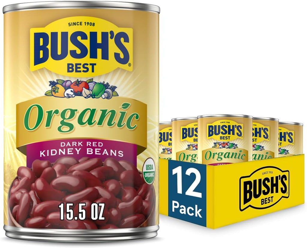 BUSH'S BEST 15 oz Canned Organic Dark Red Kidney Beans, Source of Plant Based Protein and Fiber, Low Fat, Gluten Free, (Pack of 12)