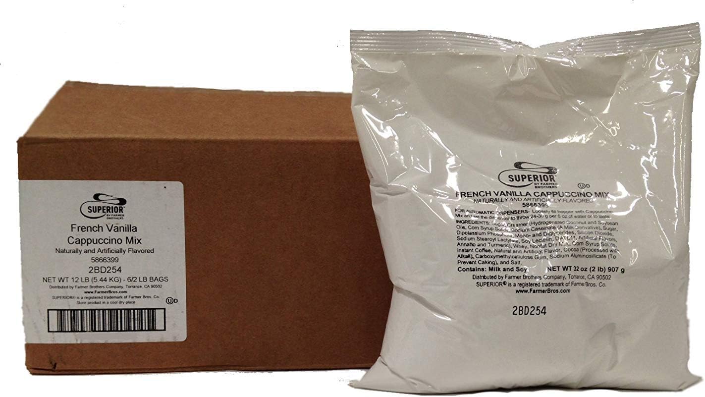 Farmer Brothers Powdered Cappuccino Mix, 6 Bags 2lb Each French Vanilla Medium Roast