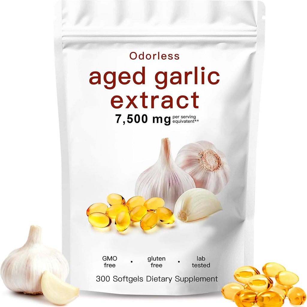 Odorless Aged Garlic Extract,7500mg Organic Garlic Capsules Supplement for Antioxidant Wellness & Immune Support,Vegetarian,Non-GMO,All-Natural-300 Count