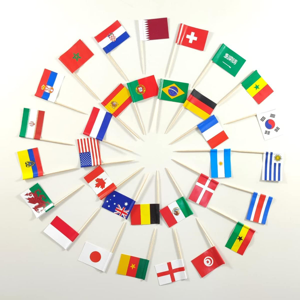 JBCD 2022 World Cup Toothpick Flag Mini Small World Cup Top 32 Soccer Cupcake Topper Flags, 96 pcs