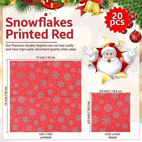 Christmas Party Disposable Paper Napkins 2 Ply Napkins Holiday 33cm x 33cm Cocktail Napkins Serviette for New Year Winter Dinner Party Supplies Decoration, Printed Snowflakes - Red, 60pcs