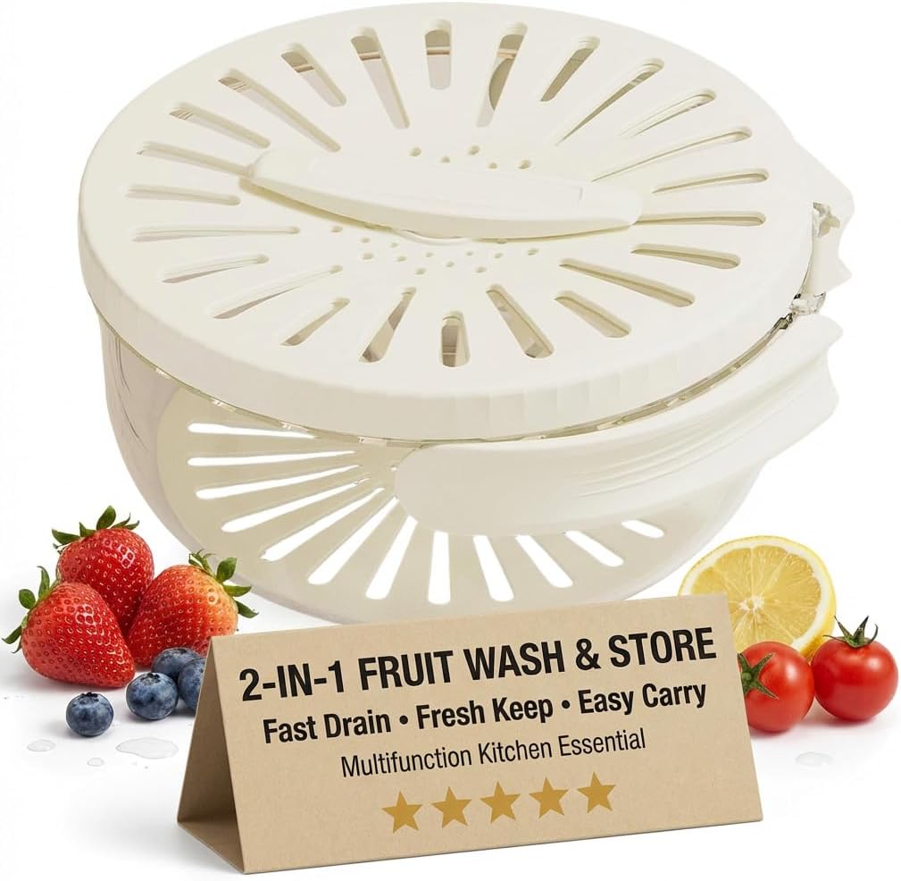 Mesh Fruit Basket Straine, Cleaner Bowl with Lid, 2-in-1 Draining and Preservation Spinner, Multifunctional Vegetable Washer Colander with Foldable Handle for Kitchen Counter