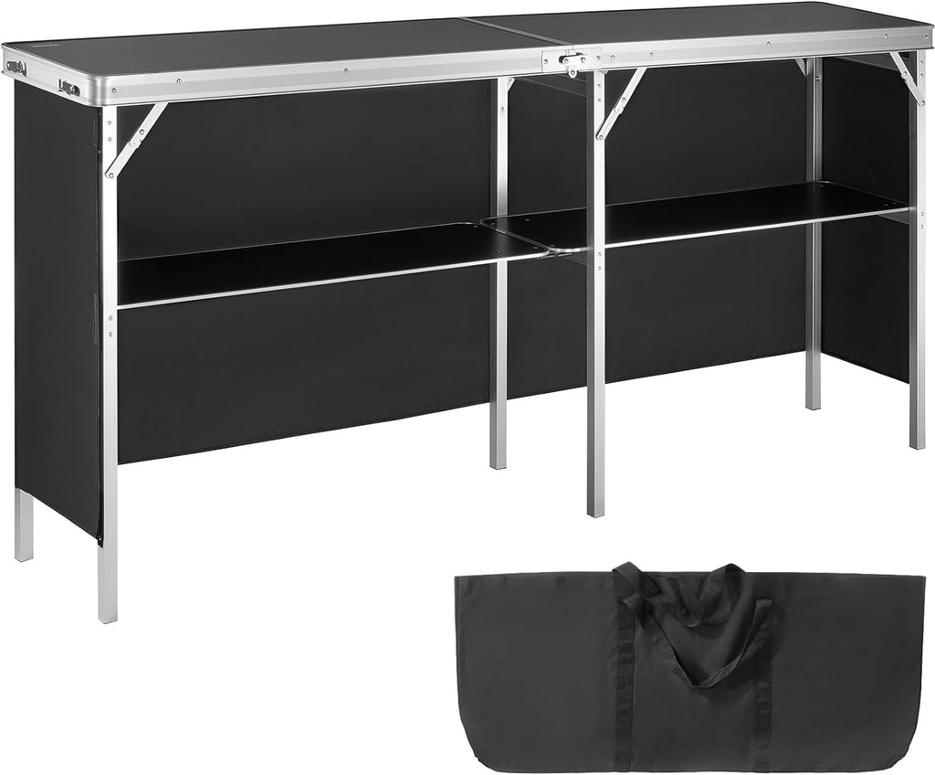 VEVOR Extra Long Folding Portable Bar Tradeshow Podium Table for Indoor, Outdoor, Party, Picnic, Exhibition, Includes Carrying Case, Storage Shelf and Black Skirt, 77.95" x 15.16" x 34.65"
