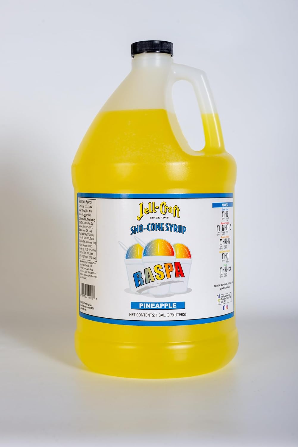 Jell-Craft Raspa Sno-Cone Syrup, Pineapple Flavor, 1 Gallon - Great for frozen drinks, punch, slushie, snow cones, ice cream topping or aguas frescas