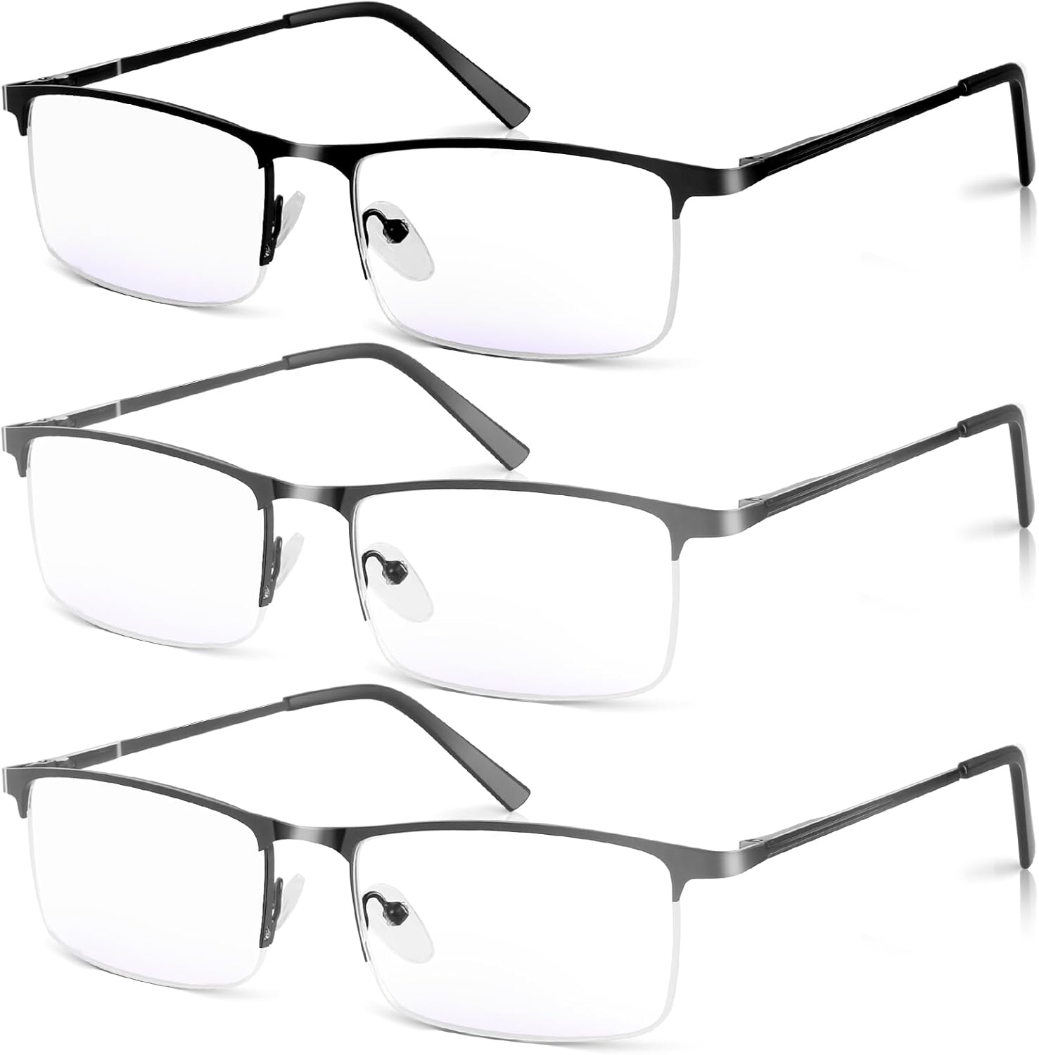3 Pack Blue Light Blocking Reading Glasses for Men, Stylish Half Frame Metal Computer Readers, Lightweight Spring Hinge Eyeglasses Anti Eyestrain/Glare/UV (2PCS Gray+1PCS Black,+2.5)