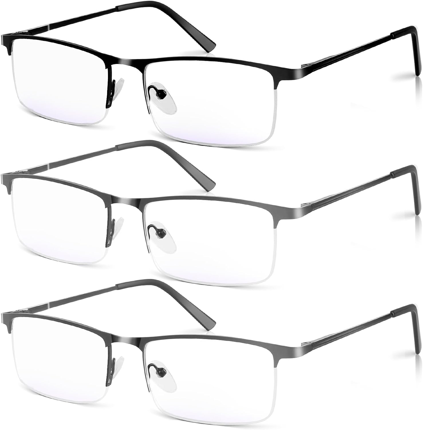 3 Pack Blue Light Blocking Reading Glasses for Men, Stylish Half Frame Metal Computer Readers, Lightweight Spring Hinge Eyeglasses Anti Eyestrain/Glare/UV (2PCS Gray+1PCS Black,+2.0)