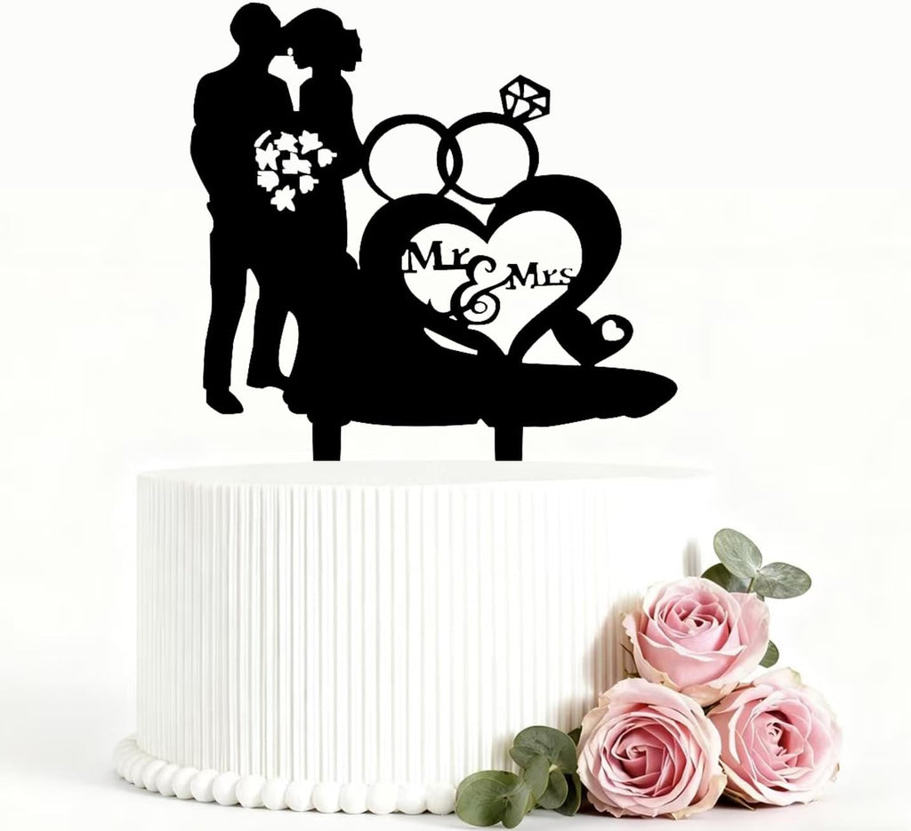 Wedding Cake Toppers Bride And Groom Flower Heart Love Black Silhouette Cake Party Engagement Cake Topper Mr And Mrs