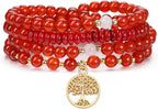 Jovivi 108 Mala Beads Bracelet Necklace, Natural Healing Crystal Stones Prayer Beads Yoga Meditation Gemstone Necklace Gold Copper Tree Life Pendant