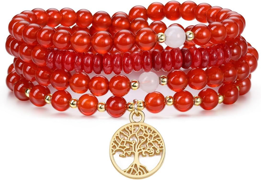 Jovivi 108 Mala Beads Bracelet Necklace, Natural Healing Crystal Stones Prayer Beads Yoga Meditation Gemstone Necklace Gold Copper Tree Life Pendant