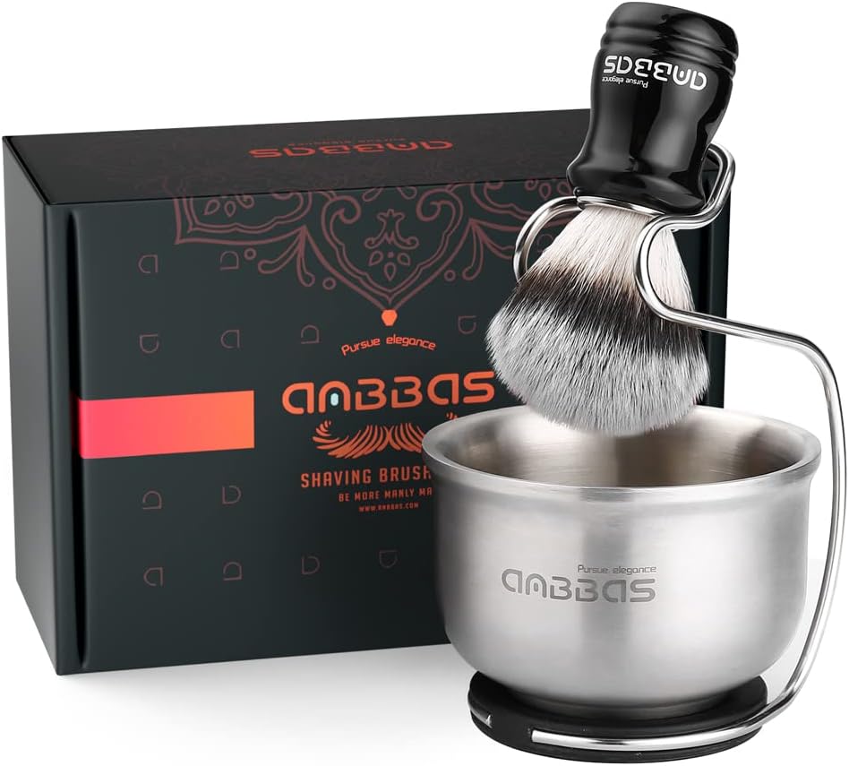 Anbbas Synthetic Badger Hair Shaving Brush,Stainless Steel Shaving Soap Bowl and Higher Brush Holder Stand Set for Men Wet Shave