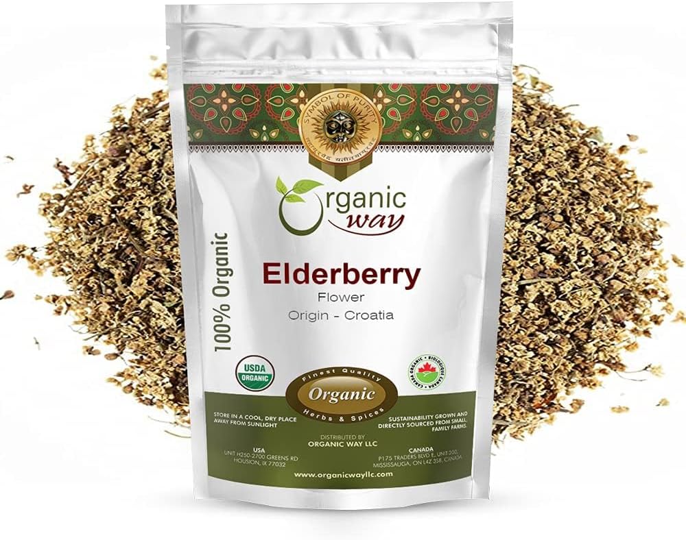 Organic Way Dried Elder Flowers/Elderflower (Sambucus nigra) - European Wild-Harvest | Organic & Kosher Certified | Vegan, Non GMO & Gluten Free | USDA Certified | Origin - Albania (2 Oz)