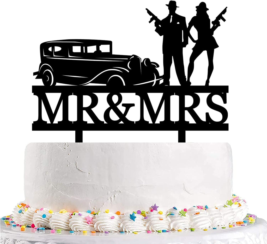 Vintage Gun Wedding Cake Topper - Bride and Groom Holding Machine Guns Stand by Classic Car - Mr & Mrs Cake Topper - Retro and Military-Themed Topper For Wedding/Anniversary/Bridal Shower