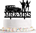 Vintage Gun Wedding Cake Topper - Bride and Groom Holding Machine Guns Stand by Classic Car - Mr & Mrs Cake Topper - Retro and Military-Themed Topper For Wedding/Anniversary/Bridal Shower