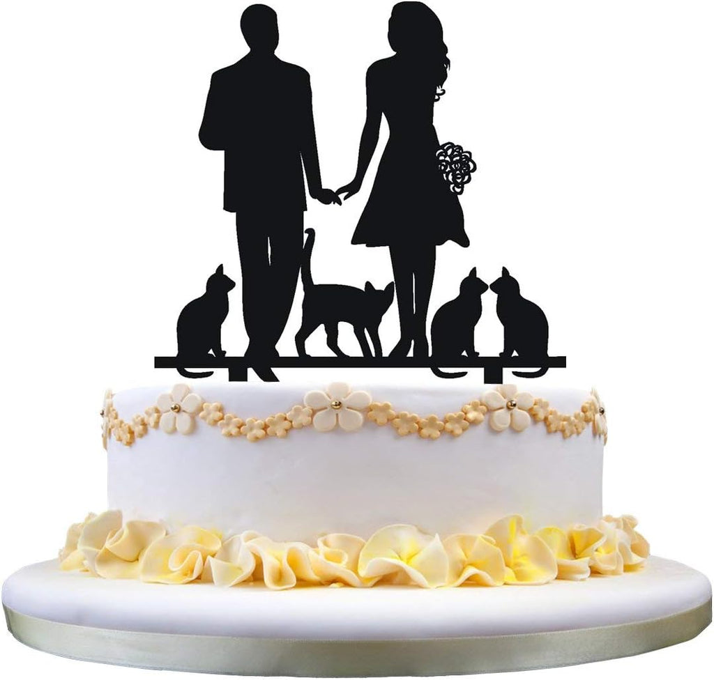 zhongfei Bride and Groom with 4 Cats Wedding Anniversary Engagement Cake Topper