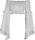 Daisy corsets Women's White Crepe Smocked Flare Sleeve Peasant Top Blouse Fashion Off the Shoulder
