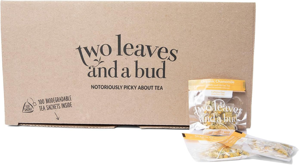 Two Leaves and a Bud Organic Chamomile Tea Bags, Naturally Caffeine Free, Whole Leaf Herbal Chamomile Tea in Compostable Sachets, 100 Count (Pack of 1)