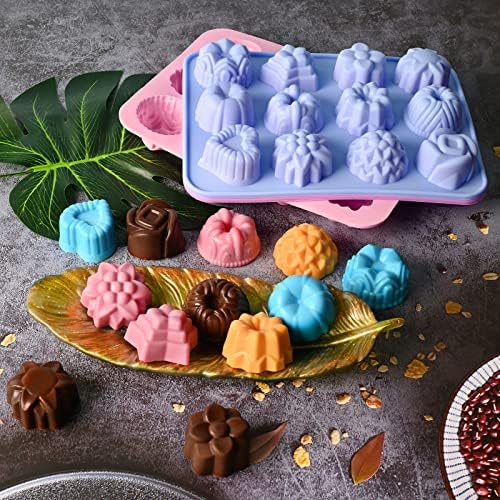 Sakolla 3 Pack Flower Molds Silicone, 12 Cavities Different Shapes Silicone Molds for Chocolate, Cupcake, Candy, Jelly, Ice Cube, Muffin (Pink, Purple, Blue)