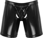 Mens Faux Leather Wetlook Open Butt Crotchless Boxer Shorts Hot Pants