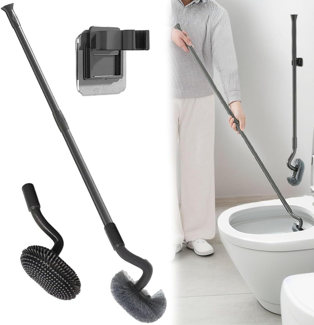 Wall Mounted Long Handle Toilet Brush Set with Holder and 2 Brush Heads Silicone and Stiff Bristle Toilet Bowl Scrubber Bathroom Brush Cleaning Tool for Home