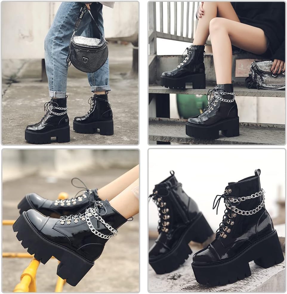 CYNLLIO Platform Ankle Boots for Women Combat Chunky Wedge Heel Boots Rave Goth Lace Up & Zipper Booties Punk Chain Shoes for Festival Concert Cosplay Party