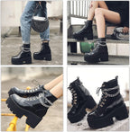 CYNLLIO Platform Ankle Boots for Women Combat Chunky Wedge Heel Boots Rave Goth Lace Up & Zipper Booties Punk Chain Shoes for Festival Concert Cosplay Party