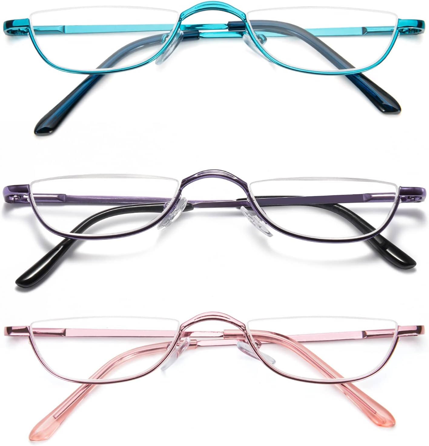 DXYXYO Half Moon Reading Glasses for Women Men Small Semi Frame Metal Spring Hinge Readers