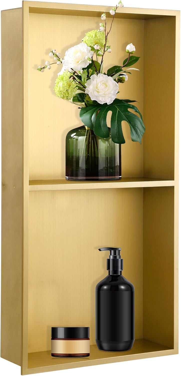 Shower Niche 12"x24", Two-Tier Recessed Brushed Gold Wall Niche, Stainless Steel Cabinet Insert Tile Ready, NO Tile Needed for Waterproof Wall Storage