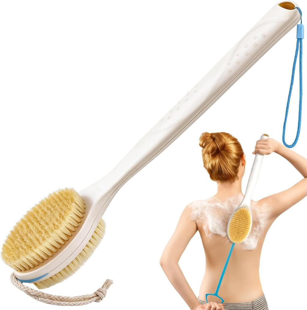 BUBBLEDANCE® Back Scrubber for Shower with Extendable Long Handle (17.5-31.9"), Dual-Sided Shower Brush with Natural Stiff & Soft Bristles, Anti-Slip Body Exfoliator for Bath & Dry Brushing