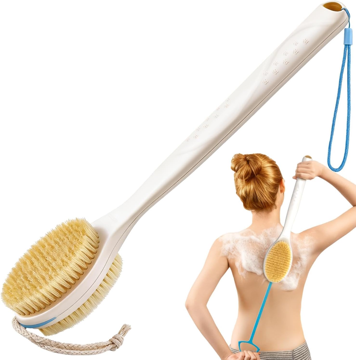BUBBLEDANCE® Back Scrubber for Shower with Extendable Long Handle (17.5-31.9"), Dual-Sided Shower Brush with Natural Stiff & Soft Bristles, Anti-Slip Body Exfoliator for Bath & Dry Brushing