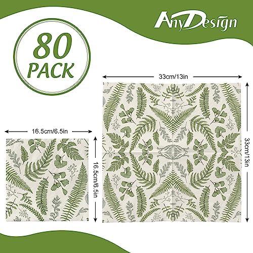 AnyDesign 80 Pack Greenery Paper Napkins Herbs Botanical Dinner Napkins Green Leaves Disposable Hand Napkin for Wedding Birthday Holiday Party Baby Shower Dining Supplies, 6.5 x 6.5 Inch