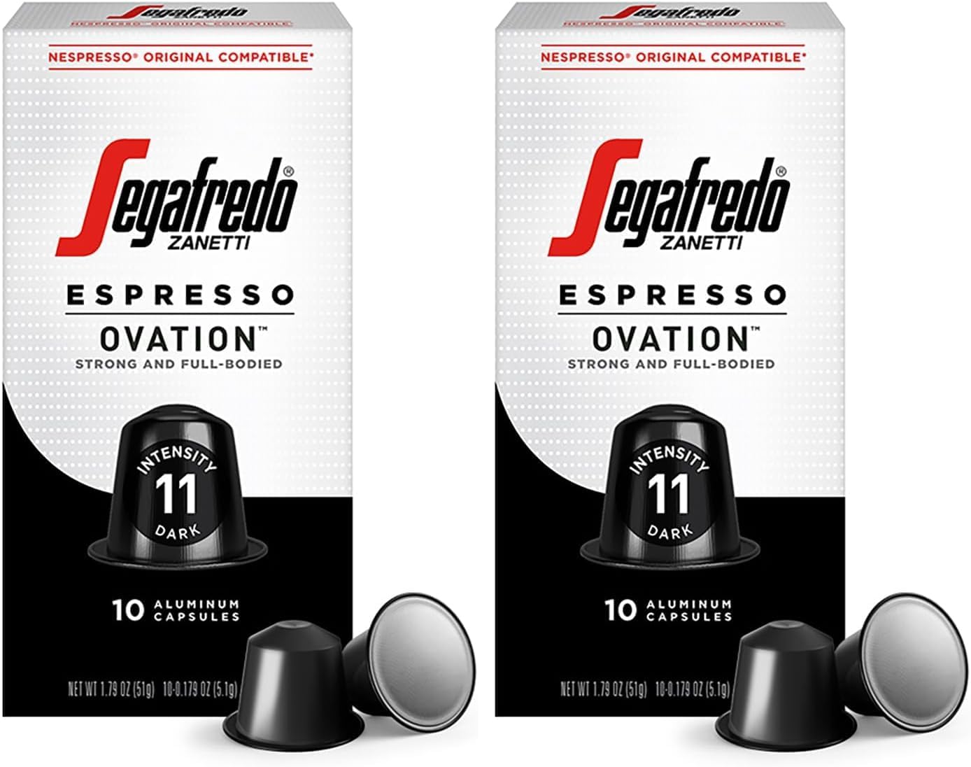 Segafredo Zanetti Espresso Capsules – Aluminum Pods for Nespresso Original Machines – Dark Roast Premium Espresso with a Full-Bodied Aroma – Strong, Intensity 11 – Ovation, 10 Count (Pack of 2)