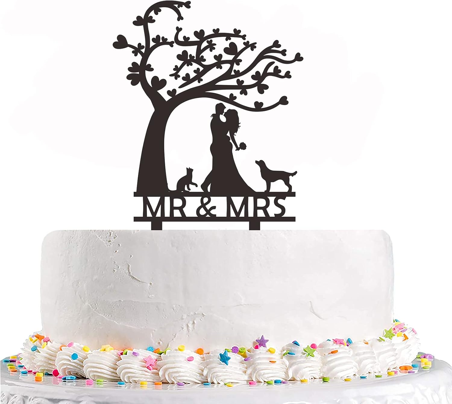 Mr & Mrs Wedding Cake Topper - Groom & Bride Kissing Under the Tree - Cake Topper with Dog for Bridal Shower/Engagement Party Decorations