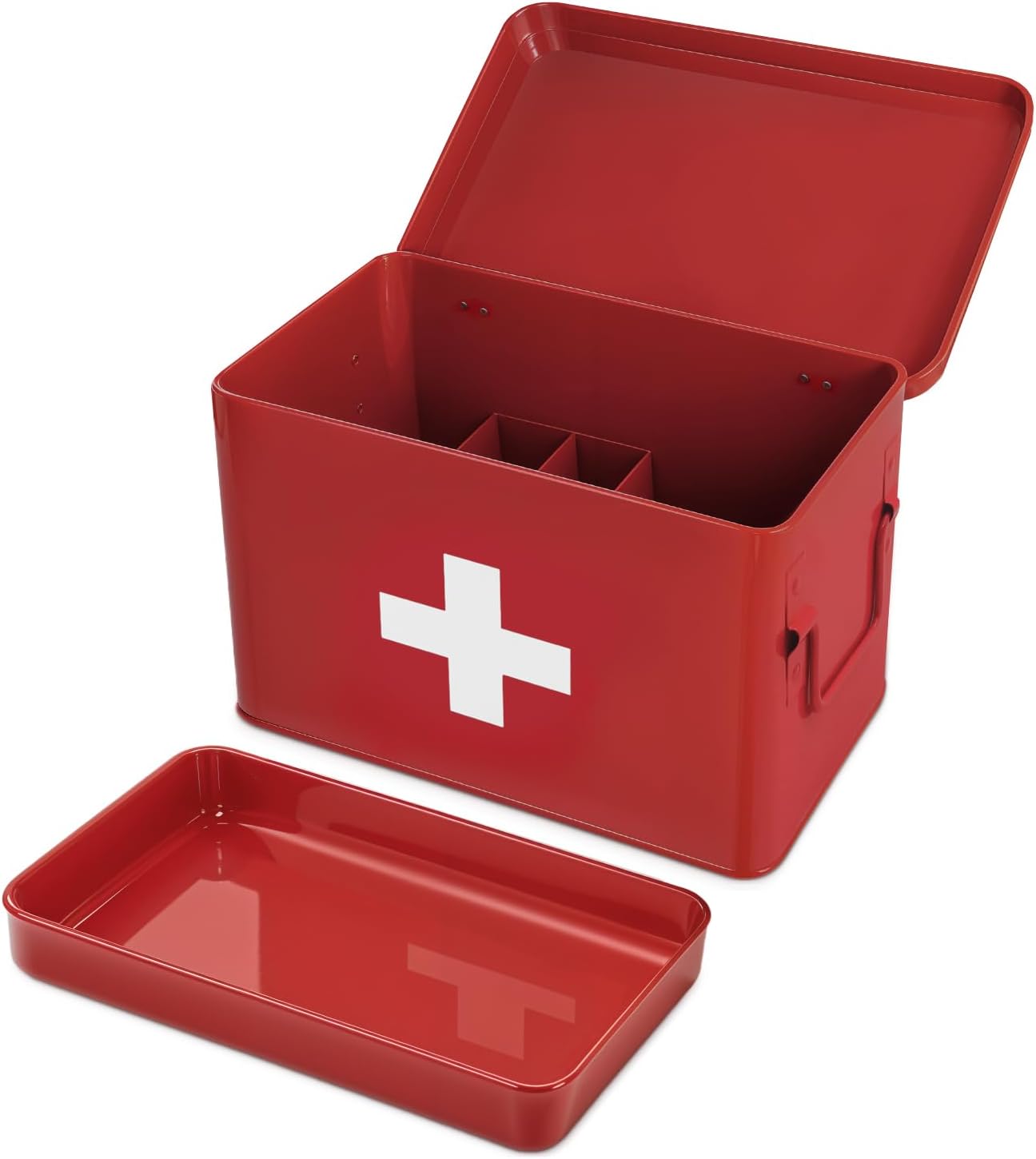 Plexon 8.5" Metal First Aid Box Empty, Medicine Storage Bin with Lid, Emergency Supplies Organizer, Portable First Aid Kit Case, Red