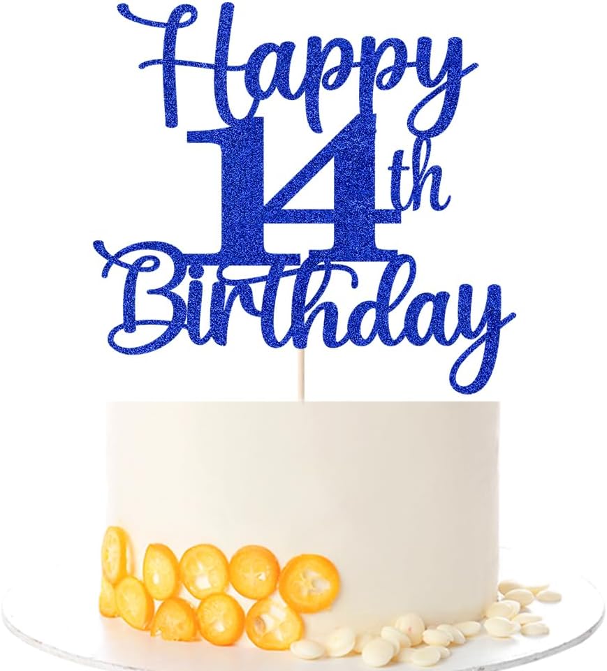 Kaoenla Glitter Happy 14th Birthday Cake Topper,Hello 14，Cheers to 14Years,14th Anniversary /14 years old birthday Party Deco (14th, blue)