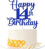 Kaoenla Glitter Happy 14th Birthday Cake Topper,Hello 14，Cheers to 14Years,14th Anniversary /14 years old birthday Party Deco (14th, blue)