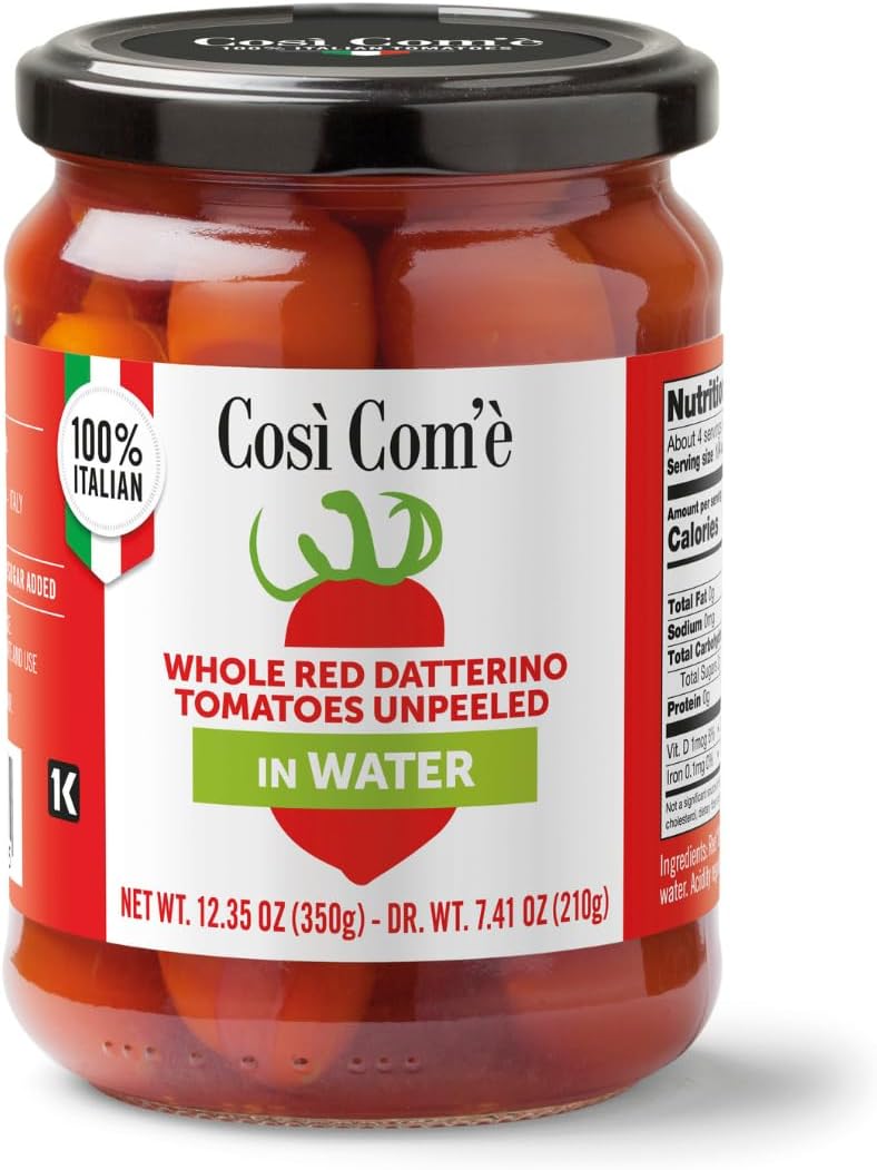 Cosi Come - Datterino Red Tomatoes Unpeeled in Water, Datterini Tomatoes in water (12.354 oz) 350 g, Low-acid, No additives, No preservatives, 100% Natural, Non-GMO, Product of Italy