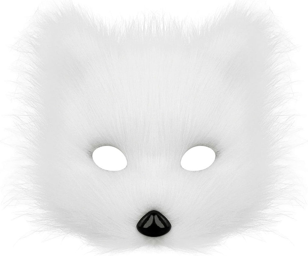 Soochat Fox Mask Half Face Wolf Mask Plush Therian Masks for Cosplay Halloween Masquerade Costume Party Cosplay Props (White)