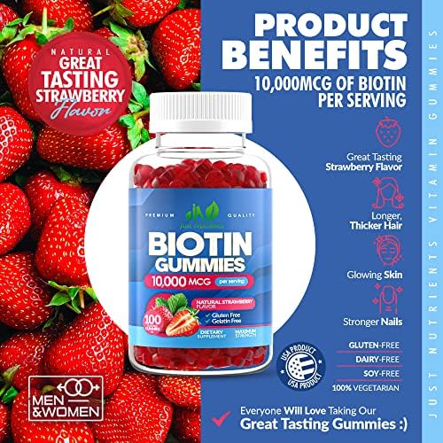 Biotin 10,000mcg Gummies for Hair Growth, Skin & Nails (100 Count) - 2x Maximum Strength Biotin Vitamins for Women & Men - Gluten-Free, Vegan, Non-GMO, Great Tasting Strawberry Flavor - 100 Gummies