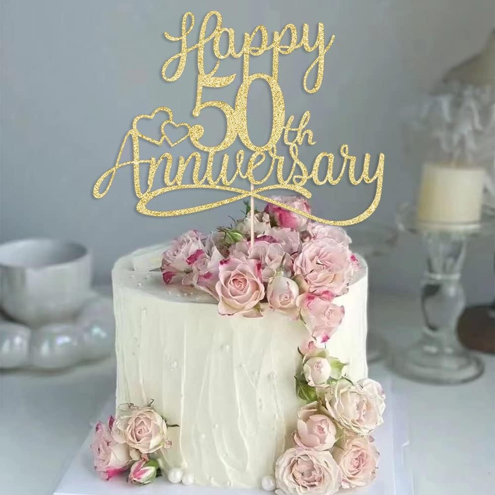 Sleyberoy golden Glitter Happy 50th Anniversary Cake Toppers -Wedding Anniversary Party Decorations, 50th Wedding Anniversary, Company Anniversary Party, Birthday Party Decorations