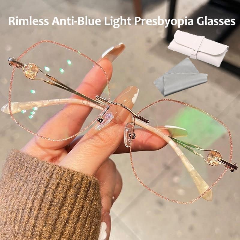 Women's Diamond Rimless Anti-Blue Light Presbyopia Glasses, Ultra Light Frameless Reading Glasses for Women