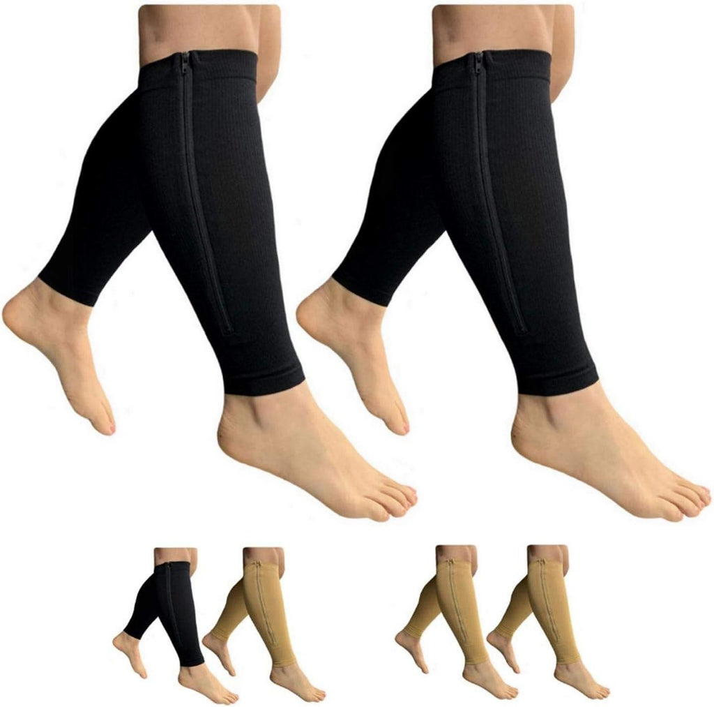 HealthyNees Footless 15-20 mmHg Zipper Compression Leg Calf Shin Sleeve 2 Pairs (Black Combo, 3X-Large)