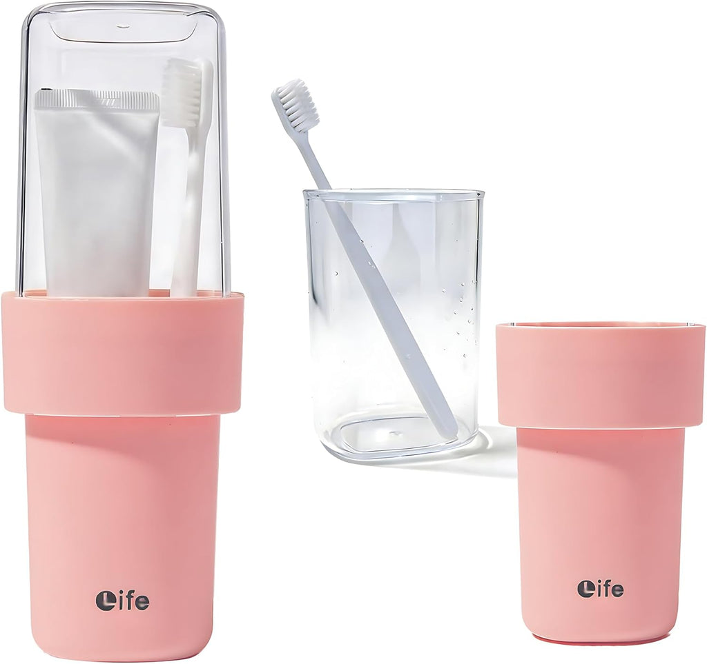 Portable Travel Toothbrush Case, Covered Toothbrush Cup Holders, Toothbrush and Toothpaste Travel Case, Toothbrush Storage Organizer Container for Traveling Bathroom(Pink)