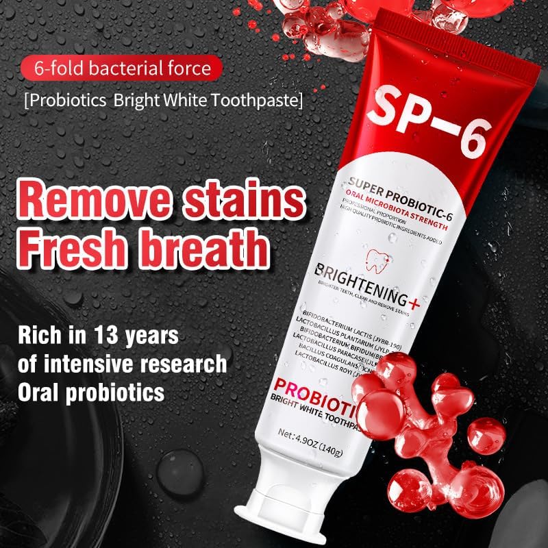 SP-6 Probiotic Toothpaste 2Pcs - Teeth Whitening, Fresh Breath, Plaque Removal & Gum Care, Enamel Safe Formula with Natural Ingredients for Sensitive Teeth, Refreshing Cool Mint Flavor