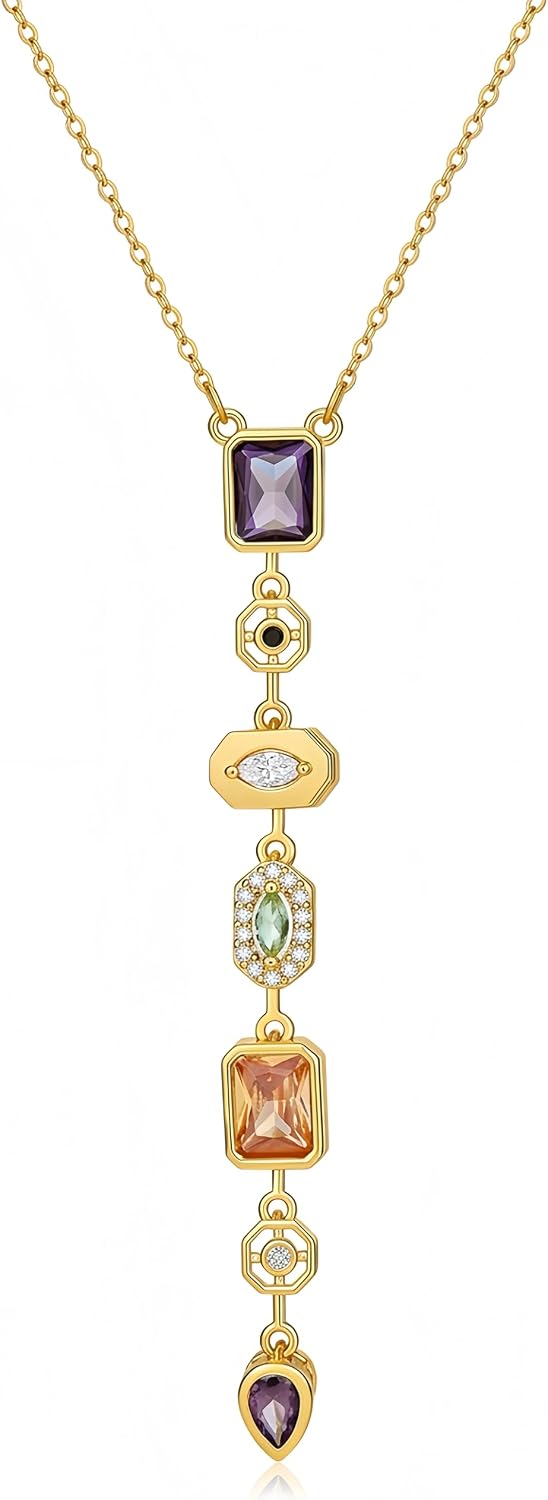 14K Gold Plated Seven Chakra Necklace for Women, Dainty Y Necklace Lariat Drop Pendant, Crystal Healing Yoga Jewelry Gifts
