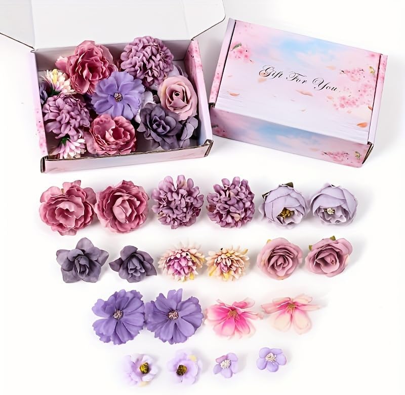 20PCS Artificial Flower Combo Box Set Silk Flowers Fake Roses for DIY Floral Arrangement Wedding Bouquet Centerpieces Home Decoration